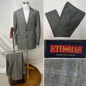 Men's E.THOMAS Gray Plaid Blue Wool 42L Blazer 37x31 Pants Custom Tailored Suit
